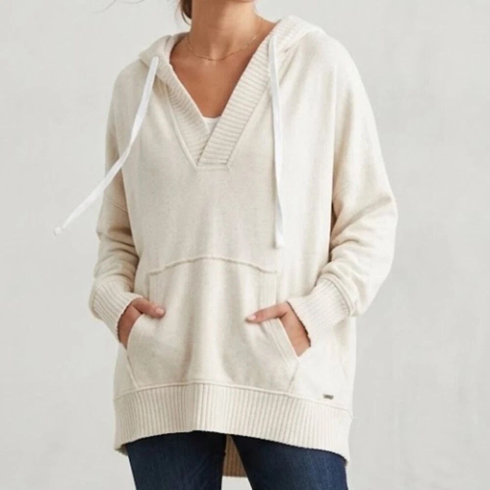 Aerie Hoodie Women  M  Cream Oversized Terry V-Neck Ribbed Sweatshirt Pocket
